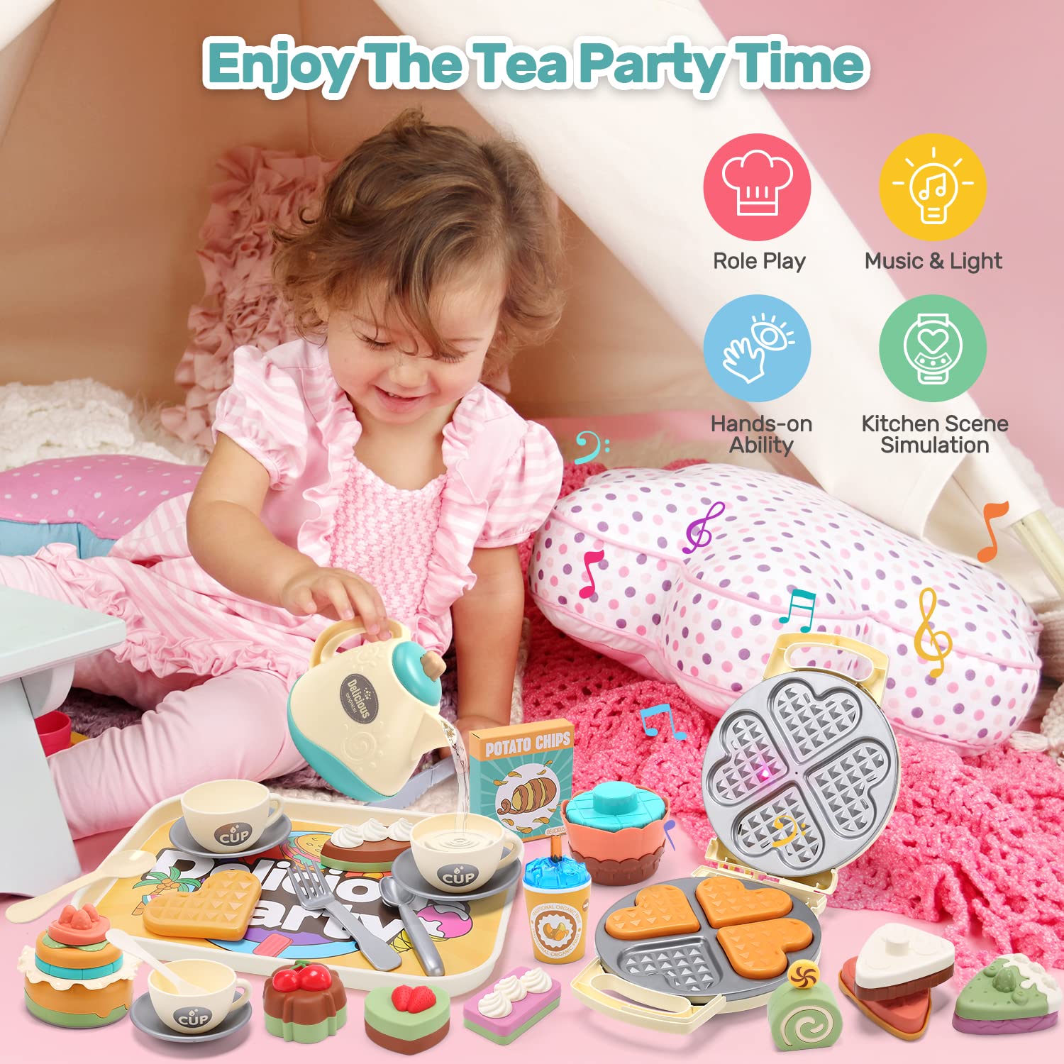 CUTE STONE Toy Tea Set for Kids, 42 PCS Tea Party Set for Girls Toddlers, Toy Waffle Maker with Light & Music, Including Dessert Cake, Teapot, Play Food for Kitchen Set, Gift for Birthday Christmas