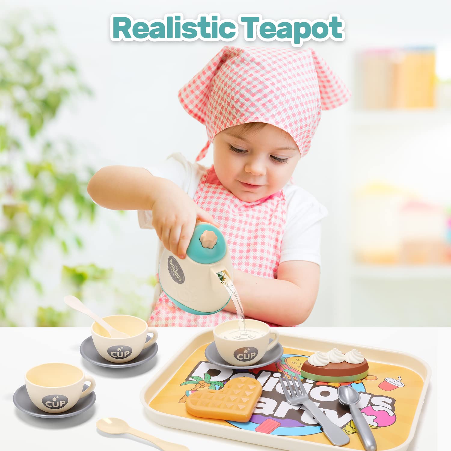 CUTE STONE Toy Tea Set for Kids, 42 PCS Tea Party Set for Girls Toddlers, Toy Waffle Maker with Light & Music, Including Dessert Cake, Teapot, Play Food for Kitchen Set, Gift for Birthday Christmas